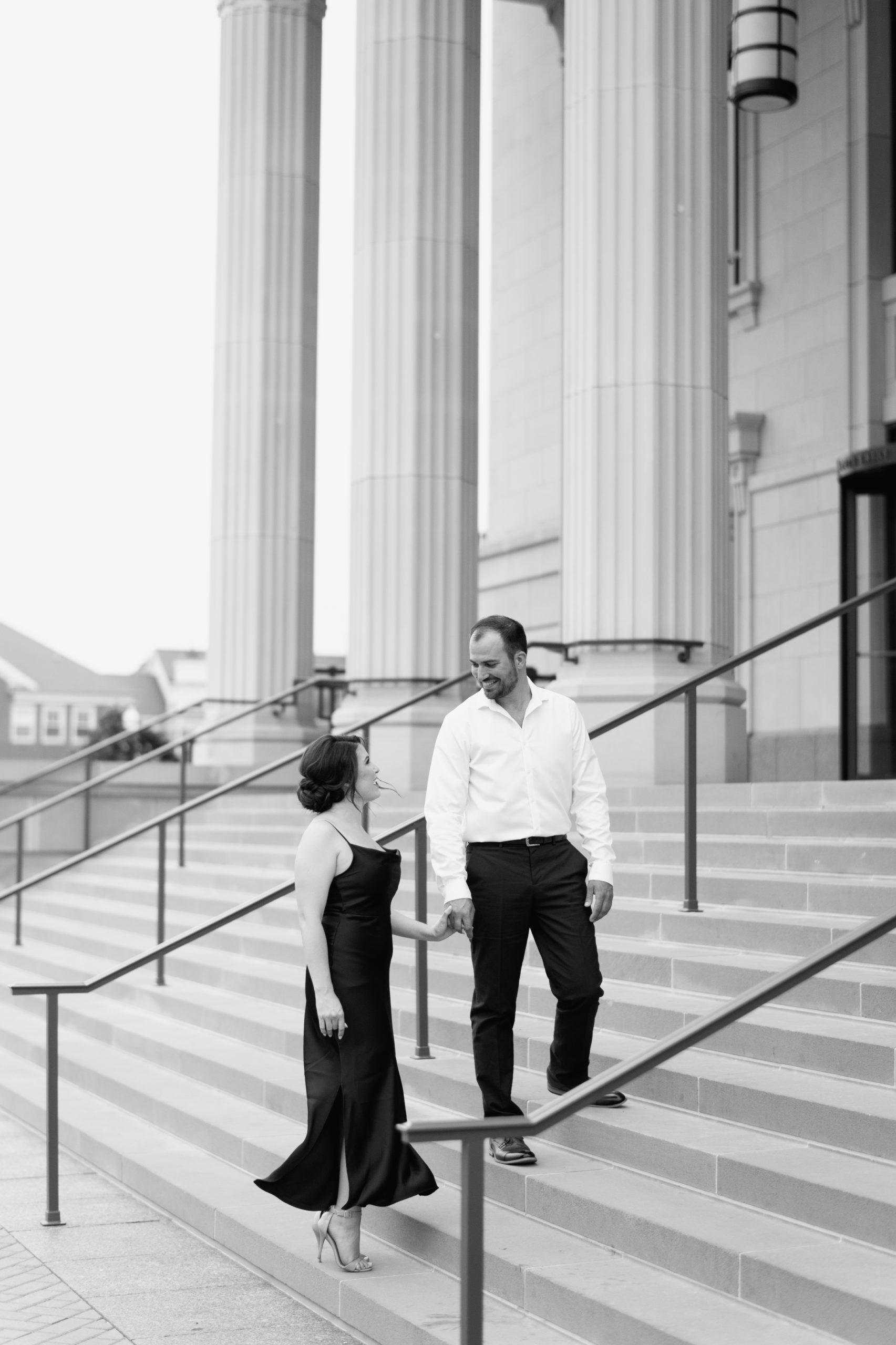 Engagement session in Carmel, Indiana. Noblesville wedding photographer. Palladium, performing arts center photoshoot. Sleek building in Indianapolis. Outfit ideas for formal engagement session. Places with flowers in Indianapolis. Classic, luxury engagement session. Bloomington Indiana. The Wilds Venue. Hotel Carmichael wedding photography. Fishers, Indiana.  Midwest luxury venue. Fine-art film photographer. 