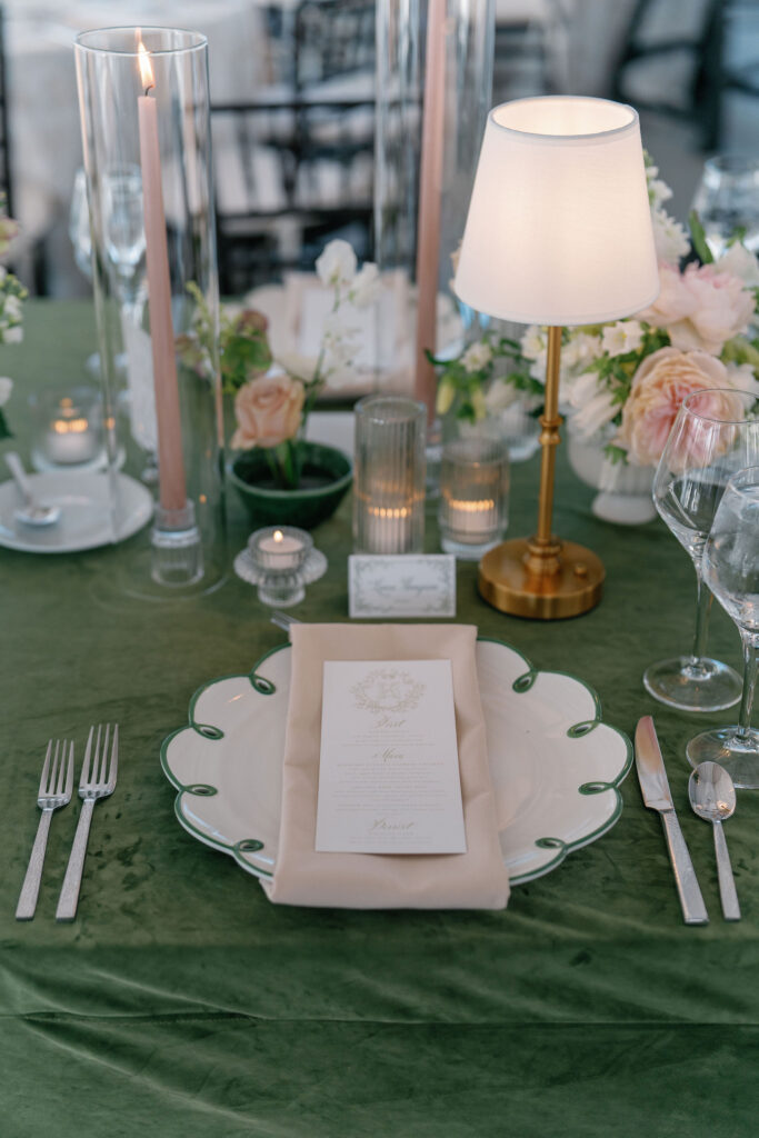 Elegant reception tables with BBJ La Tavola linens at Ritz Charles wedding in Carmel Indiana